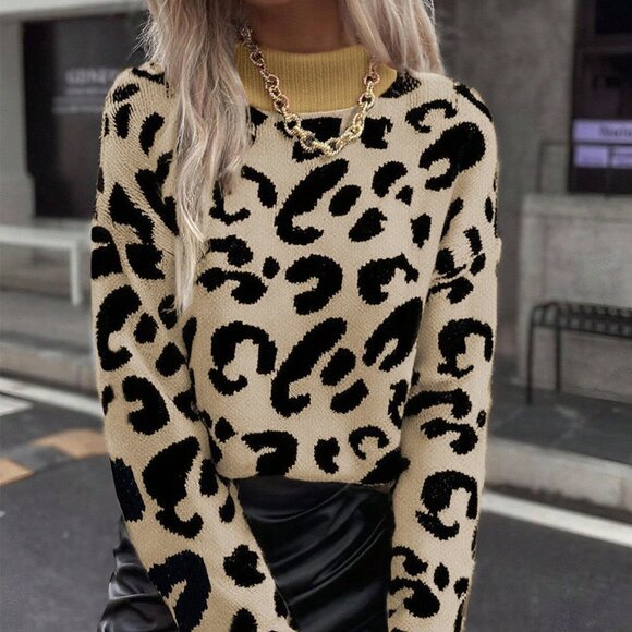 Multicolor Casual Women's Leopard Print Crew Neck Long Sleeve Pullover Sweater - Picture 3 of 4